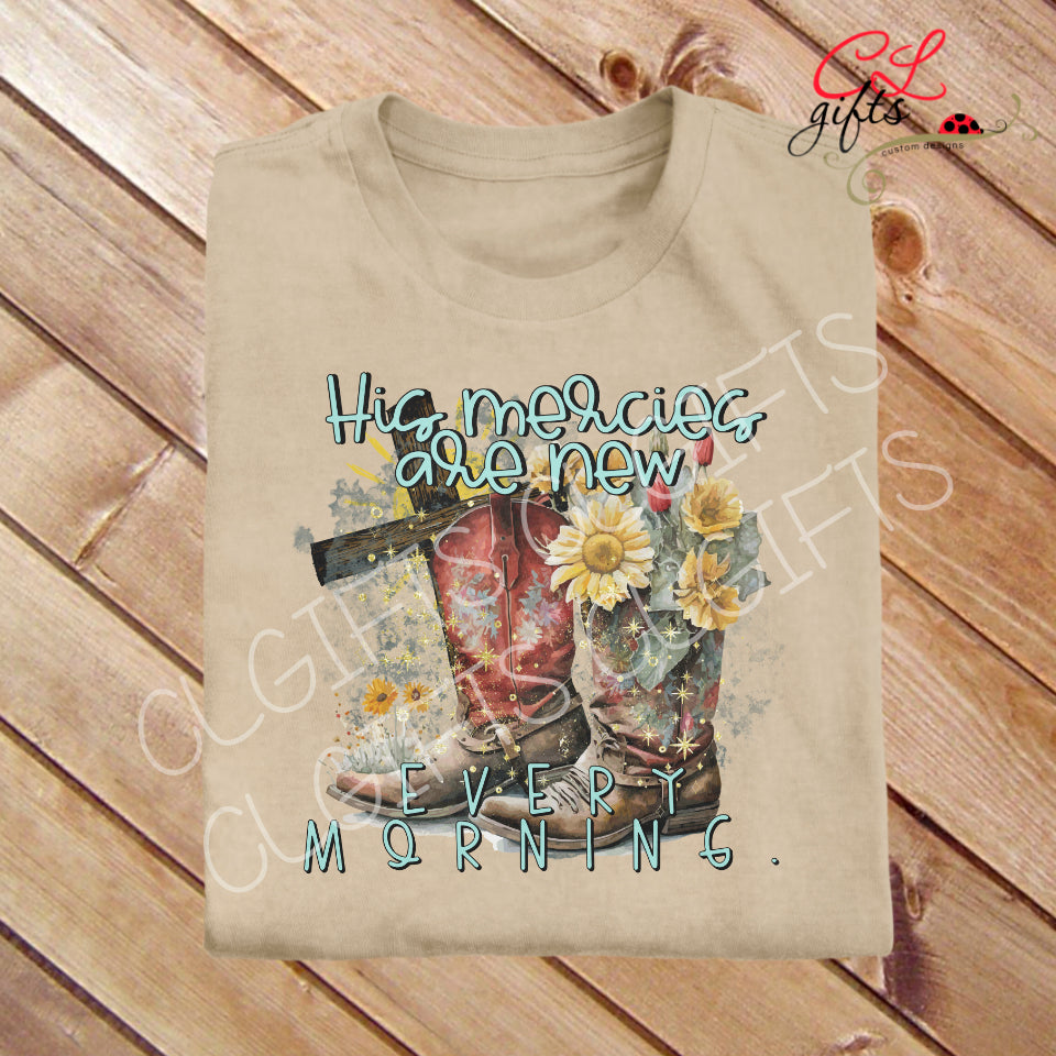 HIS MERCIES ARE NEW EVERY MORNING BOOTS TAN T SHIRT