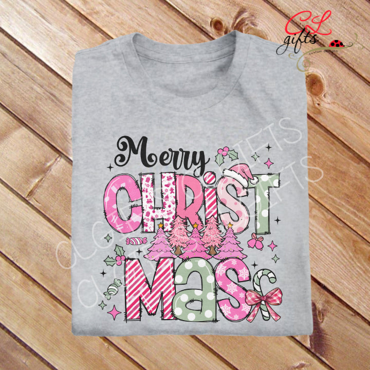 MERRY CHRISTMAS PINK MINT T SHIRT