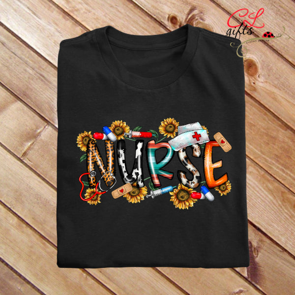 NURSE SUNFLOWER WORD T SHIRT