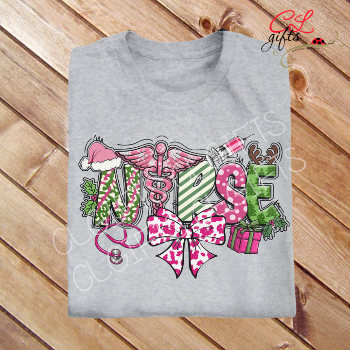 NURSE CHRISTMAS PINKS AND GREENS T SHIRT
