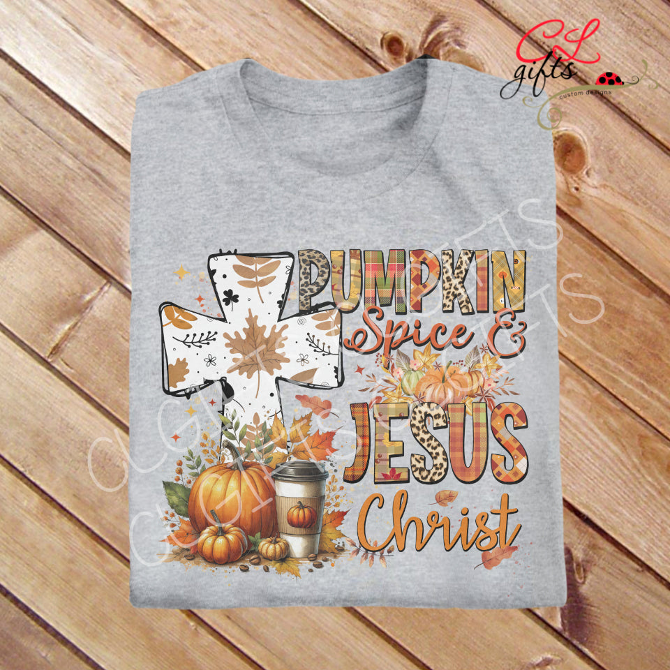 PUMPKIN SPICE AND JESUS CHRIST WHITE CROSS T SHIRT