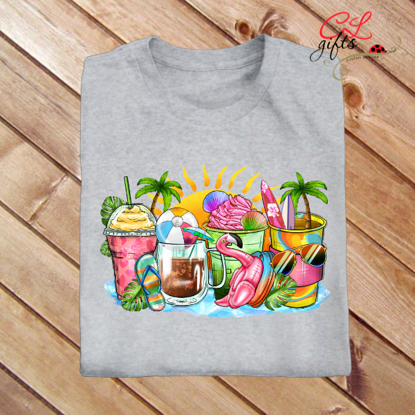 SUMMER DRINKS BEACH FLAMINGO SWIMMING VACATION T SHIRT