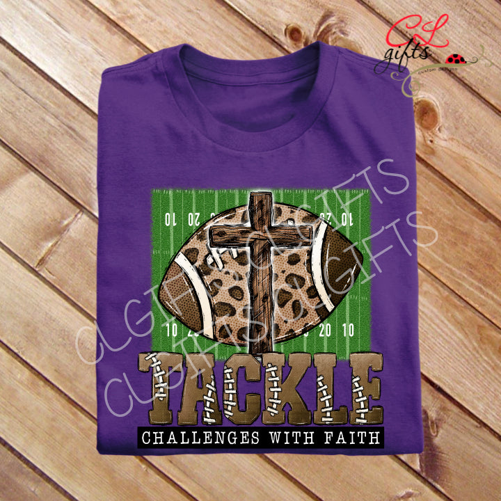 TACKLE CHALLENGES WITH FAITH FOOTBALL CHRISTIAN PURPLE TSHIRT