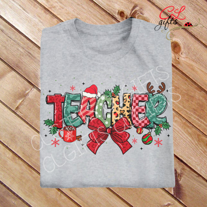 TEACHER CHRISTMAS BOW T SHIRT