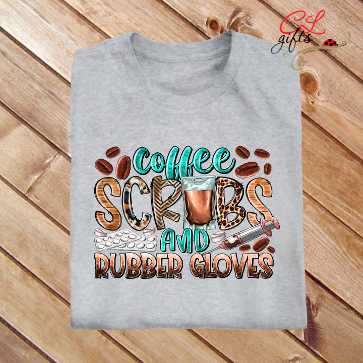 NURSE COFFEE SCRUBS AND RUBBER GLOVES