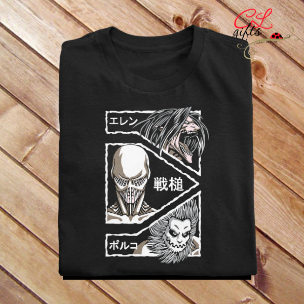 Eren Yeager, Attack Titan Warhammer Titan.  Porco Gilliard, Jaw Titan